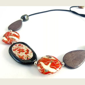 Origami Red Bird Cherry Blossom Necklace, Japanese Chiyogami Paper Decoupage Wooden Bead