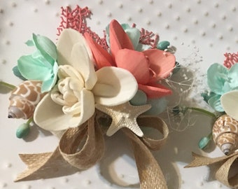 Sola Wood Orchid and Seashell Boutonniere or Corsage, Tropical Beach Wedding Corsage, Hand Dyed to Match Your Colors