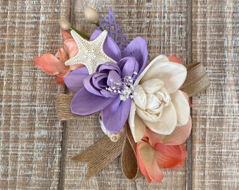 Sola Wood Orchid and Seashell Boutonniere or Corsage, Lavender and Coral, Tropical Beach Wedding Corsage, Hand Dyed to Match Your Colors