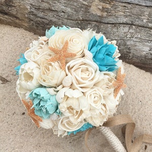 Beach Wedding Bridal Bouquet, Sola Wood Flowers and Seashells, Bridesmaid Bouquet, Malibu and Spa, Bridesmaid, Flower Girl