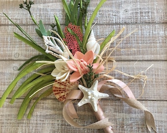 Minimalistic Fan Style Tropical Beach Wedding Bridesmaid Bouquet, Sola Wood Orchids and Seashells Wedding Bouquet