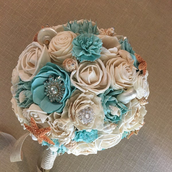 Ultimate Beach Wedding Bouquet of Hand Dyed Sola Flowers, Sparkly Jewels, Seashells and Starfish, Bridal, Bridesmaid and Flower Girl Size