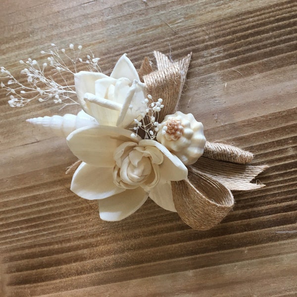 Sola Wood Orchid and Seashell Boutonniere or Corsage, Tropical Beach Wedding Corsage, Hand Dyed to Match Your Colors