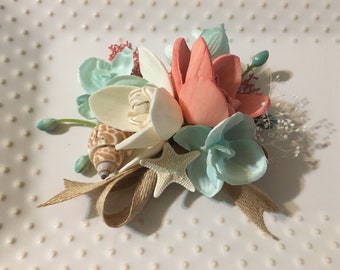 Sola Wood Orchid and Seashell Boutonniere or Corsage, Tropical Beach Wedding Corsage, Hand Dyed to Match Your Colors