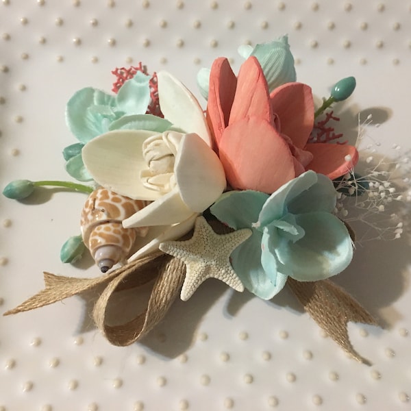 Sola Wood Orchid and Seashell Boutonniere or Corsage, Tropical Beach Wedding Corsage, Hand Dyed to Match Your Colors