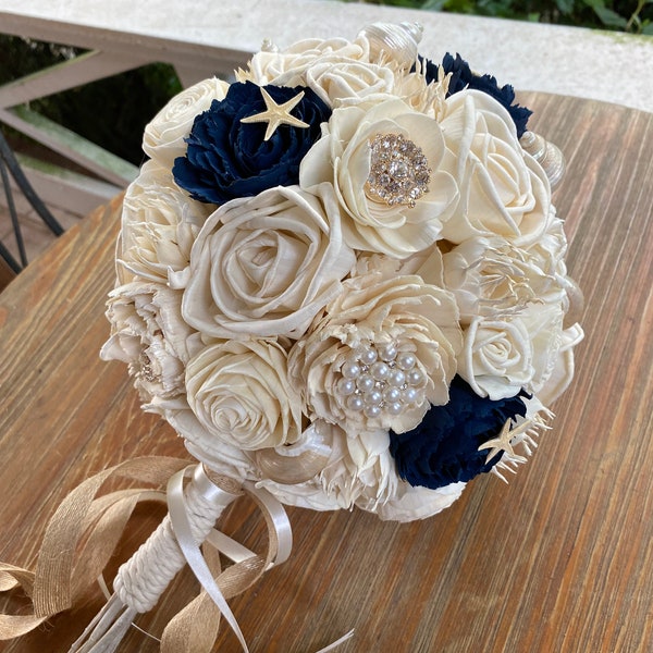 Ultimate Beach Wedding Bouquet of Hand Dyed Sola Flowers, Sparkly Jewels, Seashells and Starfish, Bridal, Bridesmaid and Flower Girl Size