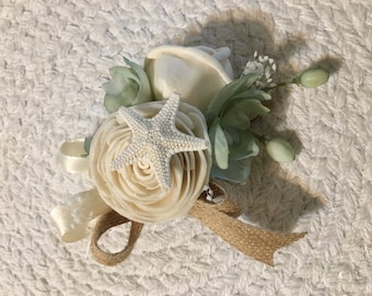 Sola Wood and Seashell Boutonniere or Corsage, Destination Wedding Corsage, Hand Dyed to Match Your Colors