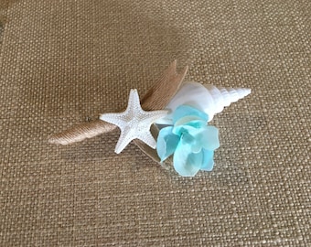 Beach Wedding Boutonnière, Seashell and Starfish Boutonnière with Orchid, Choose Your Colors