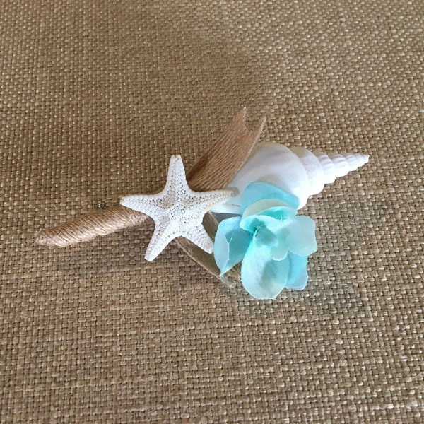 Beach Wedding Boutonnière, Seashell and Starfish Boutonnière with Orchid, Choose Your Colors