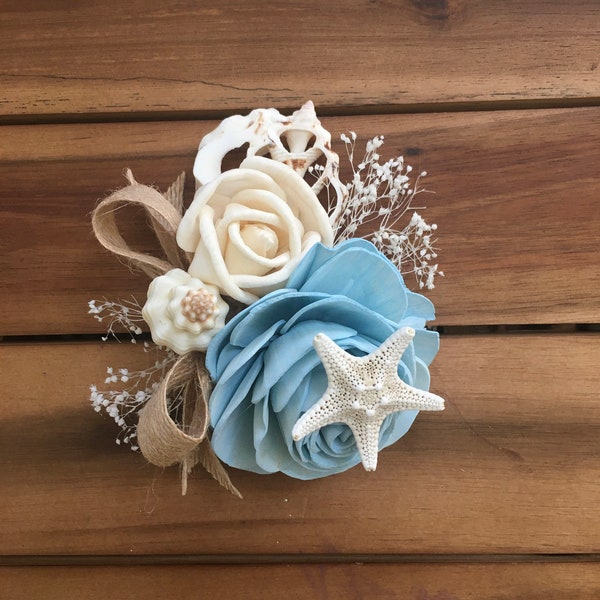 Sola Wood and Starfish Corsage, Destination Wedding Corsage, Hand Dyed to Match Your Colors
