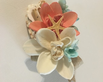 Sola Wood Orchid and Seashell Boutonniere or Corsage, Tropical Beach Wedding Corsage, Hand Dyed to Match Your Colors