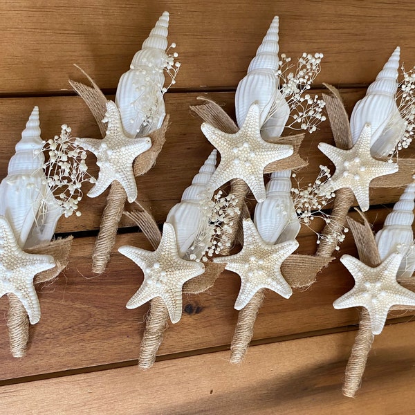 Dried Naturals Beach Wedding Boutonnière, Seashell and Starfish, Groomsman Ringbearer Gift, Choose Your Colors