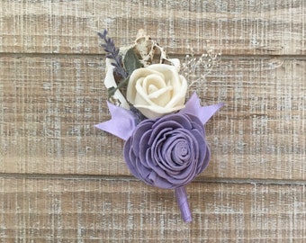 Sola Wood and Seashell Boutonniere with Sprigs of Lavender and Burlap