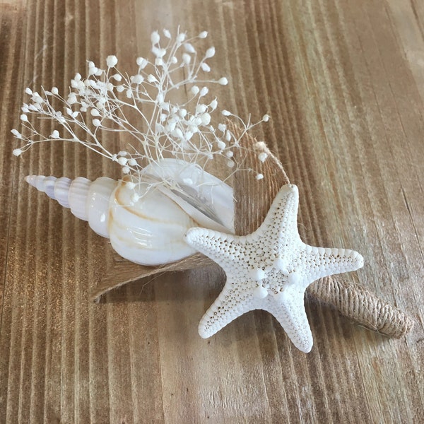 Dried Naturals Beach Wedding Boutonnière, Seashell and Starfish, Groomsman Ringbearer Gift, Choose Your Colors