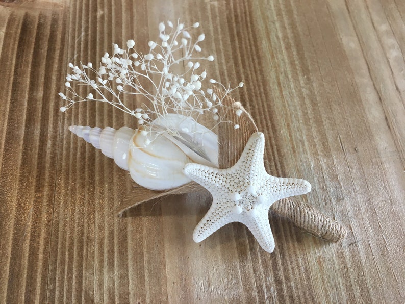 Dried Naturals Beach Wedding Boutonnière, Seashell and Starfish, Groomsman Ringbearer Gift, Choose Your Colors image 2