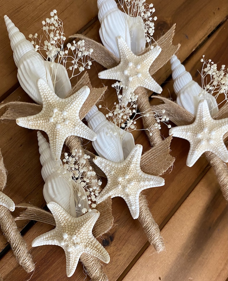 Dried Naturals Beach Wedding Boutonnière, Seashell and Starfish, Groomsman Ringbearer Gift, Choose Your Colors image 5