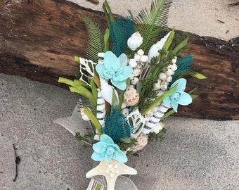 Hand Dyed Sola Wood Orchids, Seashells and Sea Coral, Choose Your Colors, Tropical Beach Wedding Bridal Bridesmaid Bouquet