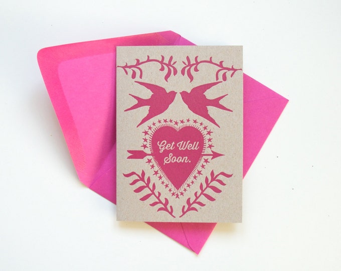 NEW!  letterpress card Get Well Soon sparrows