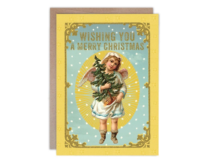 Wishing You A Merry Christmas, 5 x 7 greeting card with gold accents