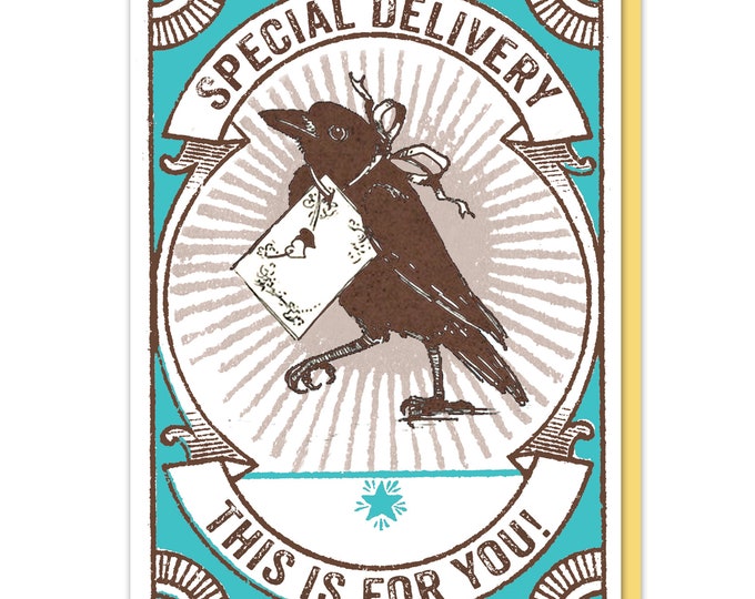 Petite Letterpress greeting card Special Delivery Raven TEAL