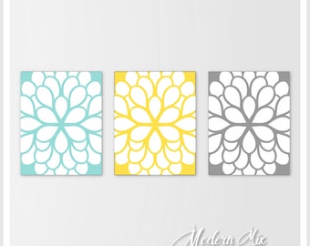 Decoración de pared para sala de estar, decoración del hogar, decoración de pared de cocina, lienzo con estampado floral, arte de pared gris amarillo aguamarina, arte de cocina, arte de pared floral