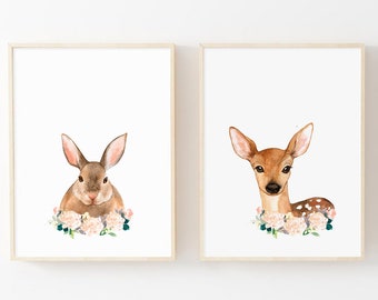 Bunny Rabbit and Doe Print Set, Floral Watercolor, Blush Pink Nursery Art, Set of 2
