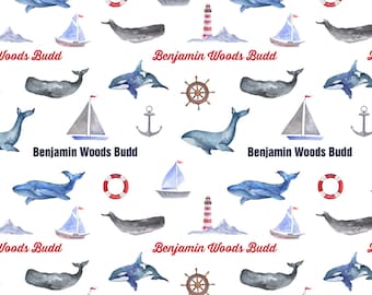 Personalized Nautical Baby Blanket, Whale Sailboat, Plush Fleece