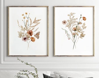 Boho Wildflower Art Prints Set, Floral Bouquet Prints or Canvas