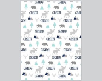 Personalized Moose Baby Blanket, Forest Animals Minky Crib Bedding