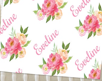 Personalized Baby Blanket, Pink Watercolor Floral, Baby Girl Gift