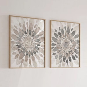 Modern Flower Bursts Fine Art Print, Above Bed Decor, Cream Tan Gray Home Apartment Wall Art Set of (2) Unframed Prints OR Canvas