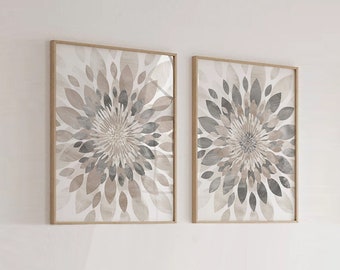 Modern Flower Bursts Fine Art Print, Above Bed Decor, Cream Tan Gray Home Apartment Wall Art Set of (2) Unframed Prints OR Canvas