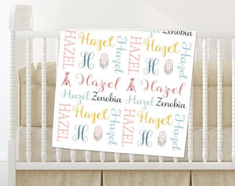 Floral Dreamcatcher Personalized Baby Blanket, Boho Girl Swaddle, Plush Fleece
