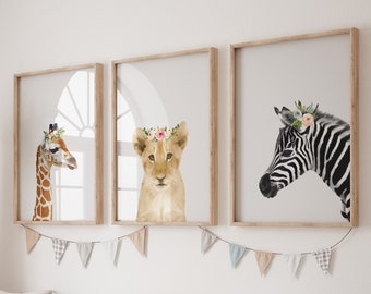 Blumenkrone Safari Tierdrucke, Mädchen-Kinderzimmer-Dekor, 3-er Set