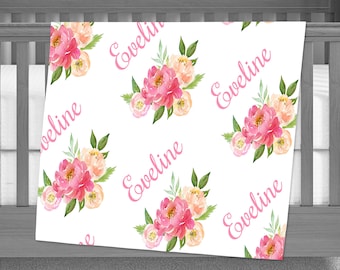 Personalized Baby Girl Name Blanket, Floral watercolor print pink peony