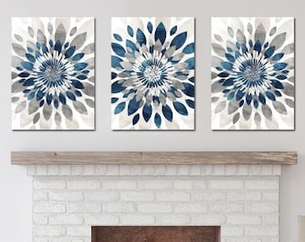 Watercolor Flower Bursts Wall Art, Living room Wall Decor, Teal Blue Gray Tan Home Apartment Wall Art Set of (3) Unframed Prints OR Canvas