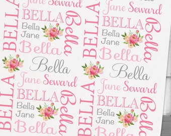 Personalized Baby Girl Blanket, Floral Name Swaddle, Pink Gray Gift, Plush Fleece