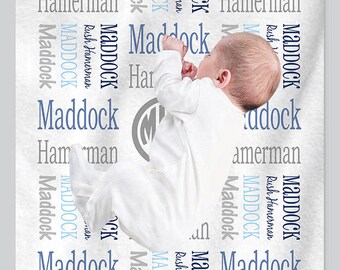 Personalized Swaddle Blanket with Name, Baby Boy Receiving Blanket with Monogram, New Baby Hospital Gift, Blue Gray Bedding