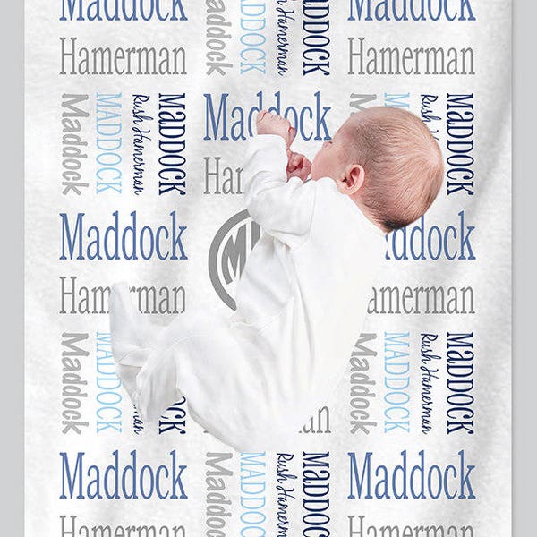Personalized Swaddle Blanket with Name, Baby Boy Receiving Blanket with Monogram, New Baby Hospital Gift, Blue Gray Bedding