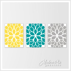 Flower Wall art Flower Wall Print Dahlia Wall Art Yellow Turquoise Gray Nursery Bedroom Bathroom Wall Art Bedroom Canvas Decor M 002 01