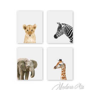 Safari Nursery Decor, Nursery Wall Art, Baby Animal Prints, Jungle Animals, 8x10 Wall Decor, Kids Room Lion Elephant Zebra Giraffe Set of 4