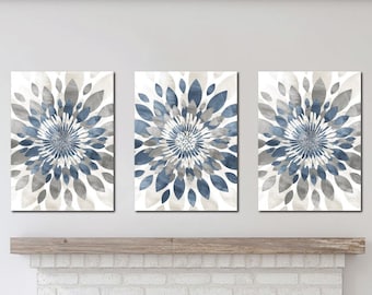 Watercolor Flower Bursts Wall Art Set, Dusty Blue Tan Prints OR Canvas