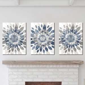 Watercolor Flower Bursts Wall Art, Living room Wall Decor, Dusty Blue Gray Tan Home Apartment Wall Art Set of (3) Unframed Prints OR Canvas