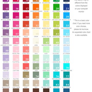 May include: A color chart with 99 different colors, numbered and named. The chart includes colors like eggplant, merlot, crimson, gold, marigold, herb garden, majestic blue, grape, raspberry, barn, butterscotch, golden rod, green, navy, plum, azalea, brick red, knock out orange, yellow, kelly green, royalty, mystical grape, shock pink, deep red, orange, yellow finch, lime giddy dot, peaceful blue, sweet dream, razzle dazzle, spice, creme orange, jasper yellow, sublime, solid turquoise, passion purple, penelope pink, peach, cream, pastel yellow, green olive, sky water, lavender lipstick, confetti, blush, linen, dancing green, light lime, light blue, light lilac, pastel pink, coral reef, tan 2, aloe, solid mist, jet stream, wisteria, tulip petal, coral, light sage, soft mint, agean blue, sky blue, heather, light pink, salmon, sage, sweet mint, aqua, mexicali turquoise, pale purple, pale pink, brass, moss, mint, gem turquoise, turquoise, indian river, light taupe, khaki, tan 1, sea mist green, blue spa, blue lagoon, mocha, latte, cupcake, chocolate, espresso, brooklyn teal, peacock, white, lazy gray, grey, deep silver, rock gray, dior gray, dark gray, charcoal, black.