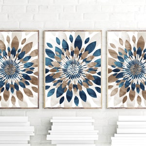 Watercolor Flower Bursts Wall Art, Dining room Wall Decor, Teal Blue Brown Tan Home Apartment Wall Art Set of (3) Unframed Prints OR Canvas