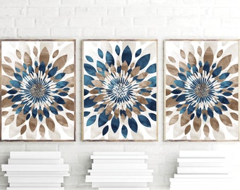 Watercolor Flower Bursts Wall Art, Dining room Wall Decor, Teal Blue Brown Tan Home Apartment Wall Art Set of (3) Unframed Prints OR Canvas