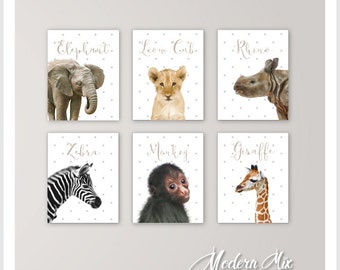Safari Animal Prints CANVAS Nursery Decor, Baby Animal Prints Safari Nursery Art Prints Elephant Zebra Lion Rhino Giraffe Monkey Set of 6
