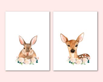 Aquarell Tiere, Wald Kinderzimmer Dekor, Baby Mädchen Bunny Deer druckbare Wandkunst mit blush rosa Blumen, Druck 2er Set