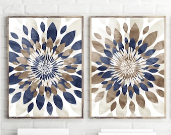 Modern Flower Bursts Fine Art Print, Above Bed Decor, Navy Brown Home Apartment Wall Art Set of (2) Unframed Prints OR Canvas