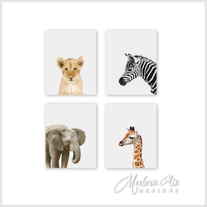 Baby Animal Prints for Wall Art, Safari Nursery Decor, Baby Nursery Prints, Safari Animals, Lion Zebra Elephant Giraffe Set of 4 BAPG001